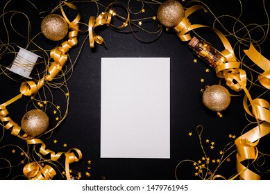 Notebook And Gift Box With Golden Bow On Black Background With Stars And Sparkles. Festive  And Wish List . New Year Resolution Concept Copyspace Top Horizontal View. Sticky Tape, Christmas 