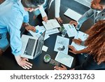 Notebook, hands and group of business people planning solution, discussion or kpi in office meeting. Laptop, sales manager and team together with profit data, budget increase or performance metrics