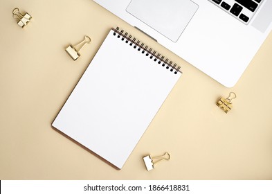 Notebook Mockup For Graphic Design On Beige Background, Flat Lay Photo