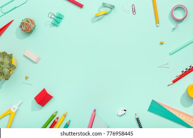 notebook, note, pen, paper clip, on pastel green background. Office desk with copy space. Flat lay. - Powered by Shutterstock