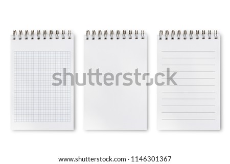 Notebook or notepad set, square, lines and blank sketchpad isolated on white background, include clipping path. Set of difference types of notepad