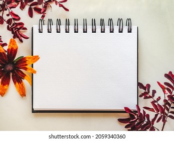 Notebook Page And A Place For Your Congratulatory Message. Closeup, View From Above, Indoors. No People. Concept Of Preparation For A Holiday. Congratulations For Relatives, Friends And Colleagues