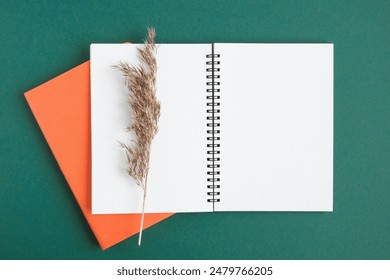 Notebook with pencil. Open notebook on green emerald color background, spiral notepad with dry pampas grass. Top view of open notepad with blank page, office flat lay. White Page for write. Copy Space