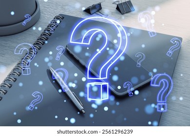 Notebook, phone, and pen on a desk with glowing holographic question marks overlaid, creating a futuristic technology concept - Powered by Shutterstock