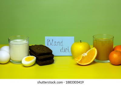 Notebook With The Phrase Bland Diet. Milk, Bread, Eggs, Juice, Fruits On Yellow And Green Background. Time To Lose Weight. Copy Space.