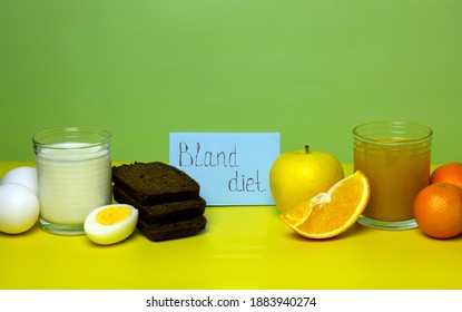 Notebook With The Phrase Bland Diet. Milk, Bread, Eggs, Juice, Fruits On Yellow And Green Background. Time To Lose Weight. Copy Space.