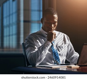 Notebook, planning and businessman thinking with laptop in office for corporate, idea or morning agenda notes. Book, reminder and African manager with pc search for schedule solution, goal or insight - Powered by Shutterstock