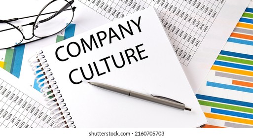 Notebook with text COMPANY CULTURE . Diagram and white background,Business