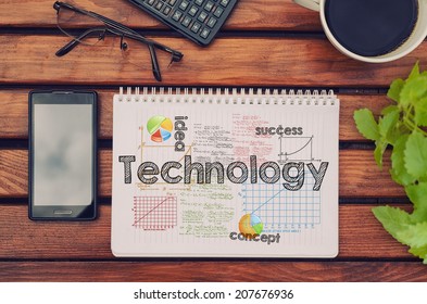 Notebook with text inside Technology on table with coffee, mobile phone and glasses. 