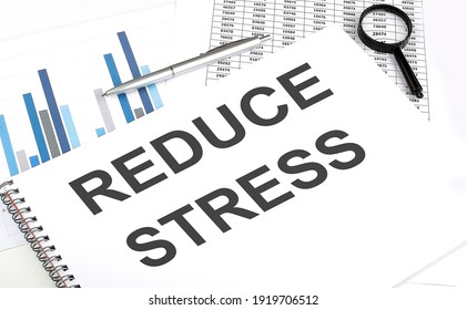 In the notebook, the text reduce stress , next to magnifier and pen, the background is graphics.