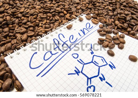 Notebook with text title caffeine and painted chemical formula of caffeine is surrounded by fried ready to use grains of coffee beans. Visualization caffeine as main alkaloid of fruit of coffee tree