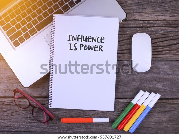  Notebook writing Influence Is Power, Office table with laptop ,coffee cup,glasses