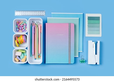 Notebooks And Stylish School Stationery Is Arranged In Organizers. Creative Drawer Organizing. Storage Office Supplies. Concept Back To School. 