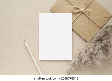 Notecard, Postcard, Greeting Card Mockup, Brown Envelope, Pampas Grass, Blank Letter Paper Or Note Paper For Design Or Text Presentation.