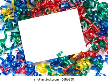 A notecard surrounded by primary colored curly ribbon, could be used for birthday, new years, school  or any celebration announcement