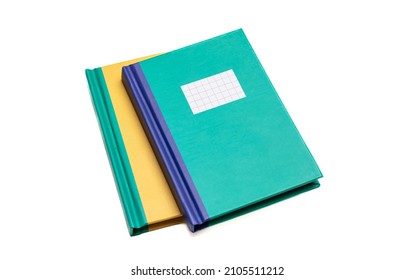 Notepad isolated on white background. Blank label, green and yellow color hardcover notebook, School supply,