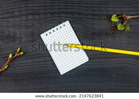 Notepad and pencil, green twigs with leaves (copy space).