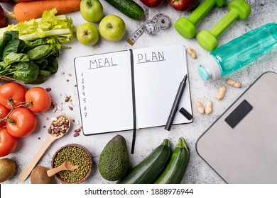 Notepad With Words Meal Plan With Healthy Foods And Sport Equipment