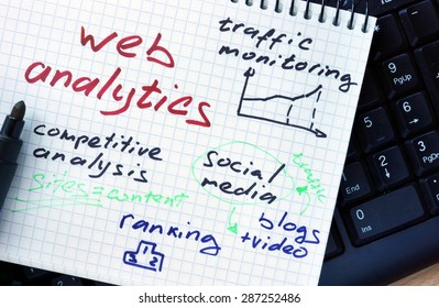 Notepad with words web analytics on a wooden background