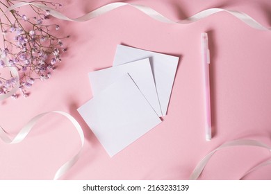 Notes, Place For Text, Pen For Writing, Pink Background, Satin Ribbon, Tiffany, Notes