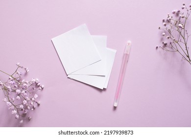 Notes, Place For Text, Pen For Writing, Purple Background, Satin Ribbon, Tiffany, Notes