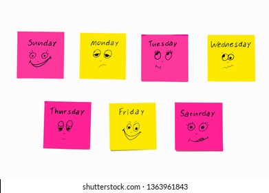 Notes stickers to remind the days of the week. Funny notes with painted emotions, reflecting the days of the week. Monday, Tuesday, Wednesday, Thursday, Friday, Saturday, Sunday. Isolate. - Shutterstock ID 1363961843
