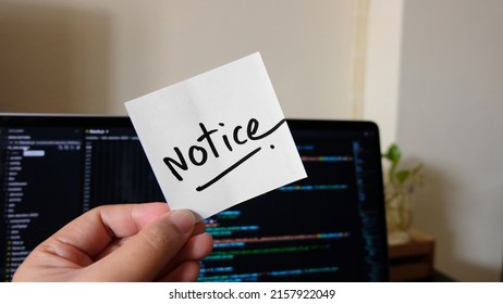 Notice message concept written post it on laptop background. - Shutterstock ID 2157922049