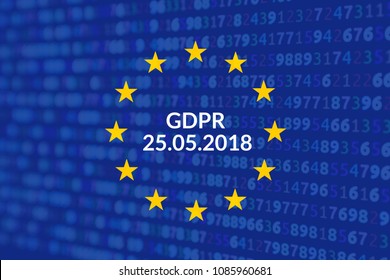 Notice Slide For The European Regulation On The Management Of Private Data GDPR. EU Flag With The Background Source Code Of A Software. Notice Of Introduction Of Privacy Legislation On May 25, 208