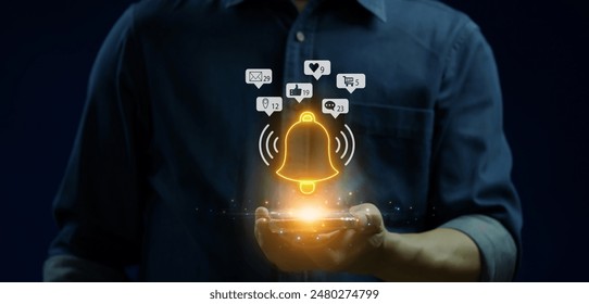 Notification, alert bell, alarm bell, reminder, social media concept. Glowing neon line of yellow bell ringing icon for application notification alert on virtual screen. - Powered by Shutterstock