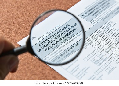 Notification of change of address of particulars of person or organisation application form which can be found at the South African drivers licence department offices. - Shutterstock ID 1401690329