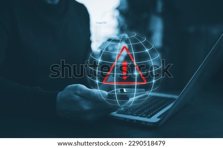 notification error and maintenance with triangle caution warning sign for notification error, Programmer using laptop with triangle caution warning sign, hacker attacks , cyber crime, cyber security