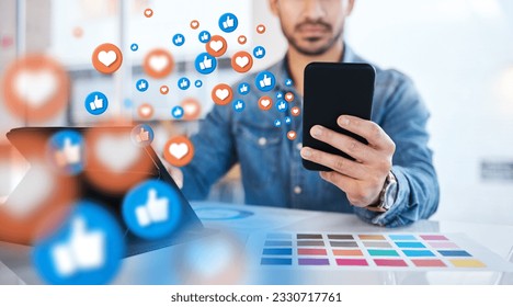 Notification, phone and businessman on social media networking as communication with overlay or graphic like. Digital, heart emoji and employee or worker texting on a mobile app, website or web - Powered by Shutterstock