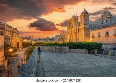 Noto, Italy - 29 June 2021 - A historical center view of the touristic baroque city in province of Siracusa, Sicily island, during the hot summer; UNESCO site in Val di Noto.