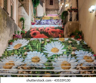 Noto Sicily, flight of steps in flower - Shutterstock ID 435339130