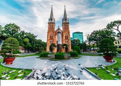 Notre Dame Cathedral Basilica of Saigon in beautiful morning blue sky
