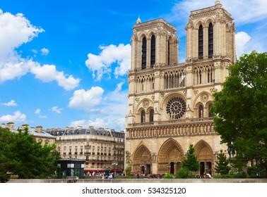 Notre Dame Cathedral Facade In Paris, France