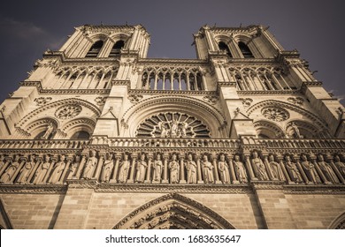 Notre Dame Cathedral, Paris, looking up at the two towers