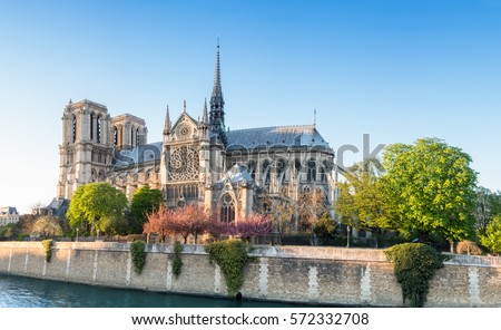 Notre Dame Cathedral in Paris on a bright afternoon in Spring, panorama image