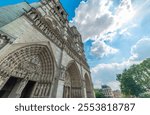 Notre Dame Cathedral under a blue sky with clouds. Paris, France