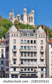 Notre Dame De Fourvière Basilica Overlooking The Famous Blanchon House In Lyon, France. Iconic Place Of Lyon.