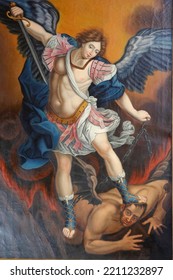 Notre Dame De L'Assomption De Cordon Church.  Archangel Slaying Satan As A Dragon. Painting.  France.  France. 07-26-2020