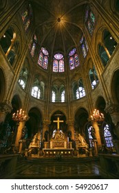 Notre Dame De Paris Carhedral Interior Navealtar Rose Windo