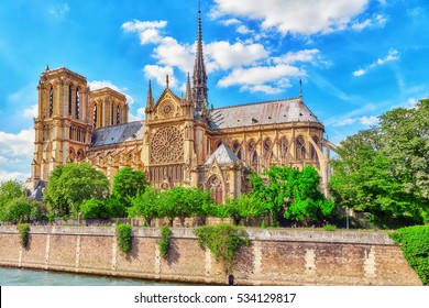 Notre Dame de Paris Cathedral, most beautiful Cathedral in Paris. View from the River Seine. France.