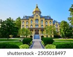 Notre Dame Golden Dome Historic Building in Lush Garden Eye-Level