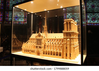 Notre Dame, Paris. Circa June, 2017. A Miniature Replica Model Of The Notre Dame Is Displayed Inside The Church.