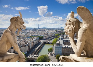 Notre Dame of Paris: Stryge and demon, most famous of all Chimeras, overlooking the skyline of Paris at a summer day (composition)