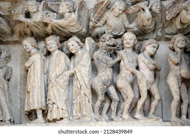 Notre-Dame D'Amiens Cathedral. Tympanum Of The Central Portal. The Last Judgement. France. 