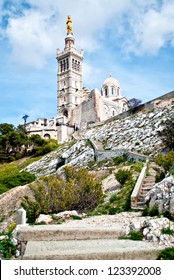 Notre-Dame de la Garde (literally Our Lady of the Guard), the basilica in Marseille, France. This ornate Neo-Byzantine church is situated at the highest natural point of the city.