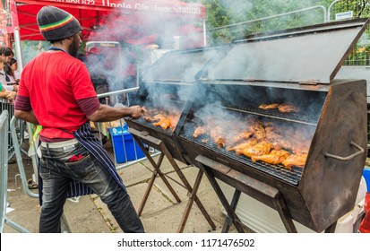 Notting Hill carnival, London. August 27 2018. A view of some of the street food at Notting Hill Carnival in London