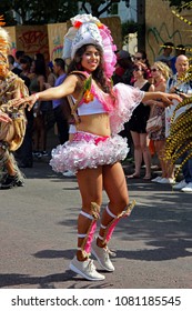 Notting Hill,London/UK 08/29/16 A Beautiful Female Exotic Dancer In Colorful Costume At The Notting Hill Carnival 2016